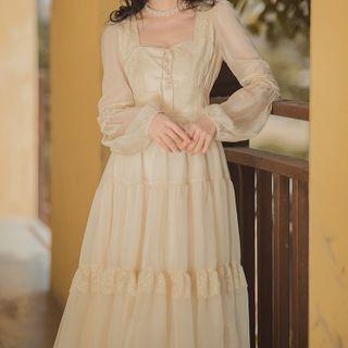 Puff-sleeve Square-neck Lace Trim Midi A-line Dress