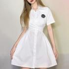Short-sleeve Collar Tie-back Cutout Single-breasted Mini A-line Dress