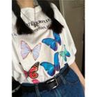 Butterfly Loose-fit T-shirt / High-waist Denim Midi Skirt