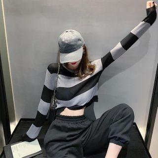 Color Block Striped Long-sleeve Cropped Top
