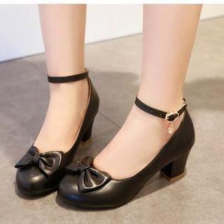 Bow-accent Faux Leather Block Heel Pumps