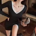 Long-sleeve Lace Trim Slit Mini Sheath Dress Black - One Size