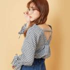 Bell-sleeve Plaid Blouse Black - One Size
