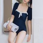 Elbow-sleeve Square-neck Swimsuit