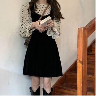 Set: Dotted Blouse + Mini A-line Overall Dress