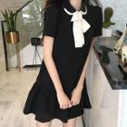Short-sleeve Collared Tie-neck Dress