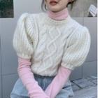 Puff-sleeve Cable-knit Sweater / Long-sleeve Turtleneck T-shirt Sweater - White - One Size