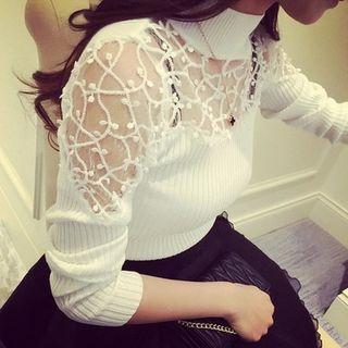 Long-sleeve Mock-neck Mesh Panel Knit Top
