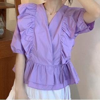 Plain Lace-up Puff Sleeve Top