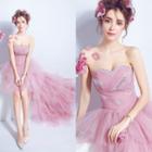 Strapless Embellished Tiered Mesh High-low Gown