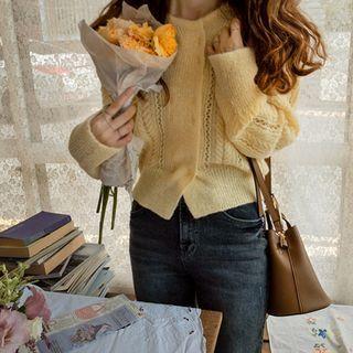 Round-neck Wool Blend Pointelle-knit Cardigan