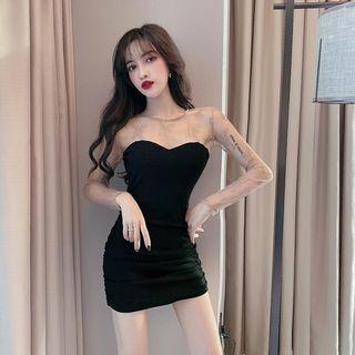 Mesh Panel Long-sleeve Mini Dress