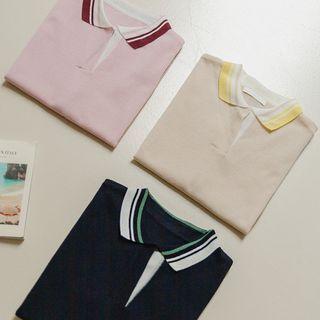 Drop-shoulder Piped Knit Polo Shirt