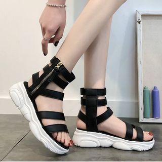 Faux Leather Side Zip Platform Sandals