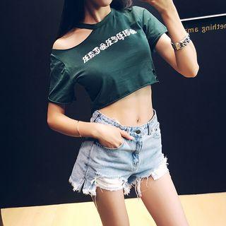 Lettering Cropped Cut Out Shoulder Short Sleeve T-shirt