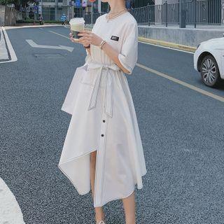 Short-sleeve Applique Asymmetrical Midi T-shirt Dress