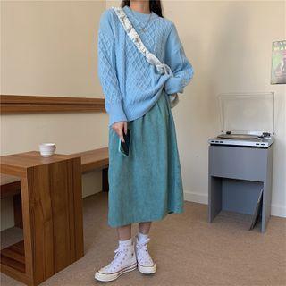 Long-sleeve Plain Cable Knit Sweater / Plain Midi Skirt