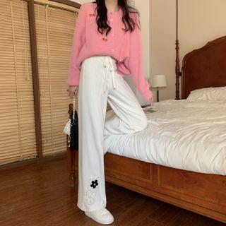 Floral Embroidered Knit Straight Leg Pants