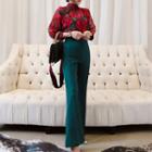 Set: Flower Print 3/4-sleeve Top + High Waist Boot-cut Pants