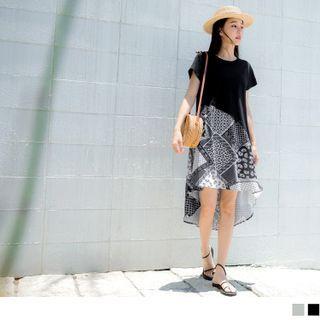 Short Sleeve Print Panel Dip-back A-line Dress