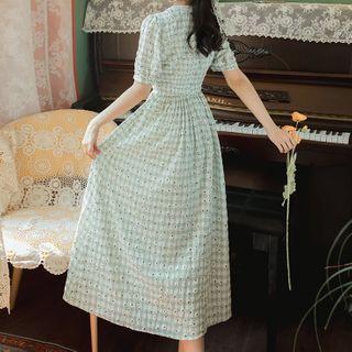 Short-sleeve Floral Print Gingham Midi A-line Dress