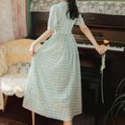 Short-sleeve Floral Print Gingham Midi A-line Dress