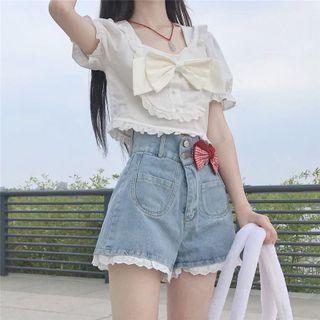 High-waist Washed Denim Lace Wide Leg Shorts