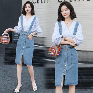 Elbow-sleeve Top / Denim Suspender Dress