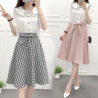 Set: Elbow Sleeve Blouse+ Plaid A-line Skirt