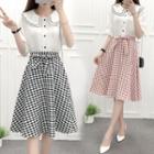 Set: Elbow Sleeve Blouse+ Plaid A-line Skirt