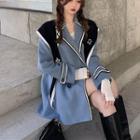 Long-sleeve V-neck Color-block Coat As Figure - One Size