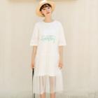 Lettering Mesh Overlay Short Sleeve T-shirt Dress