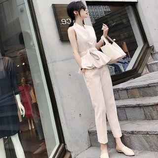 Set: Sleeveless Tie-front Blouse + Straight Leg Pants