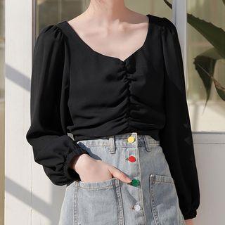 Lantern-sleeve Crop Blouse Black - One Size