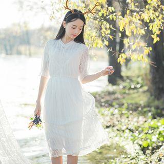 Set: Elbow Sleeve Lace Midi Dress + Slipdress