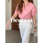 Collared Puff-sleeve Knit Top Pink - One Size