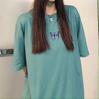 Elbow-sleeve Butterfly Embroidered T-shirt Grayish Green - One Size