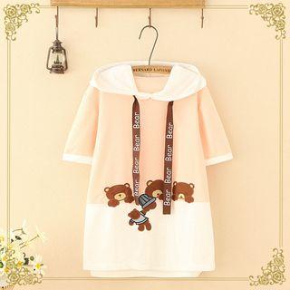Bear Embroidered Hooded Short-sleeve T-shirt