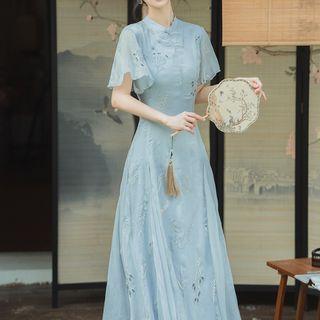 Bell-sleeve Print Chiffon Maxi A-line Qipao Dress