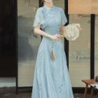 Bell-sleeve Print Chiffon Maxi A-line Qipao Dress