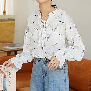 Long-sleeve Frill Trim Printed Chiffon Blouse White - One Size