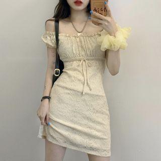 Short-sleeve Frill Trim Mini Sheath Dress Almond - One Size