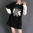Long-sleeve Round-neck Bear Print Color-block Mock Two-piece Sweatshirt
