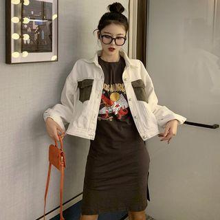 Printed T-shirt Dress / Patchwork Denim Jacket