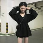 Lantern-sleeve Plain Dress Black - One Size