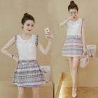 Set: Sleeveless Ruffle Trim Top + Patterned Skirt