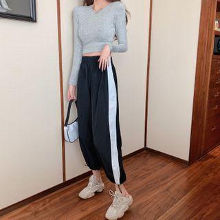 Long-sleeve Cropped T-shirt / Paneled Harem Pants