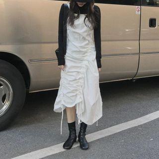 Drawstring Midi A-line Pinafore Dress