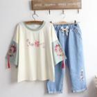 Elbow-sleeve Embroidered T-shirt / Wide-leg Jeans / Set