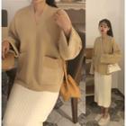 Long-sleeve V-neck Top / Slit-back Rib-knit Midi Skirt